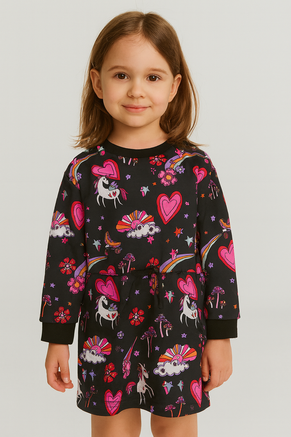 Girls Crew Neck Printed Fleece Frock