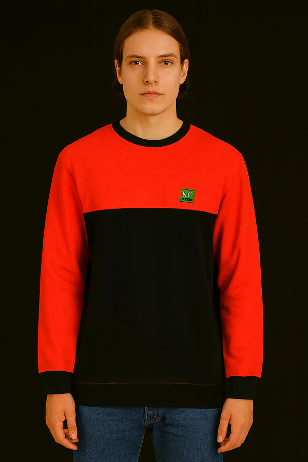 KC Men's Crew Neck Panel Popcorn Sweatshirt  -Black/Orange