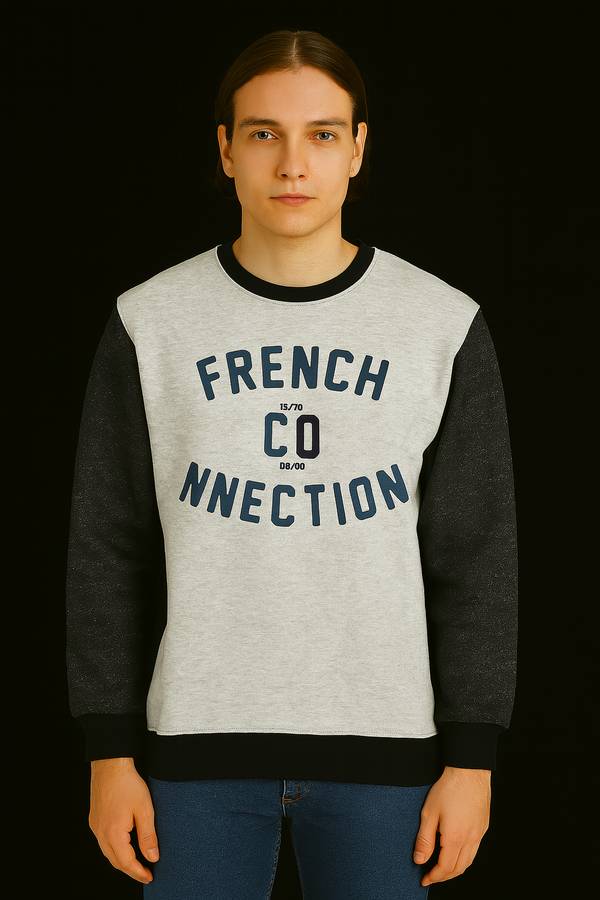 FC Men's Printed Fleece Round Neck Sweatshirt-Grey/Navy