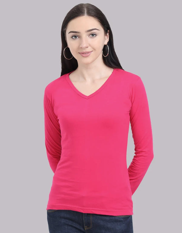Women's V Neck Full Sleeve Blouses Tee Shirt-Fuchsia