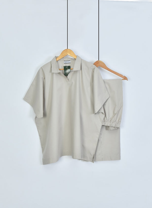 2 PC Co-Ord Set Solid Organic Cotton Shirt & Trouser Free Size Light Grey AKC-005