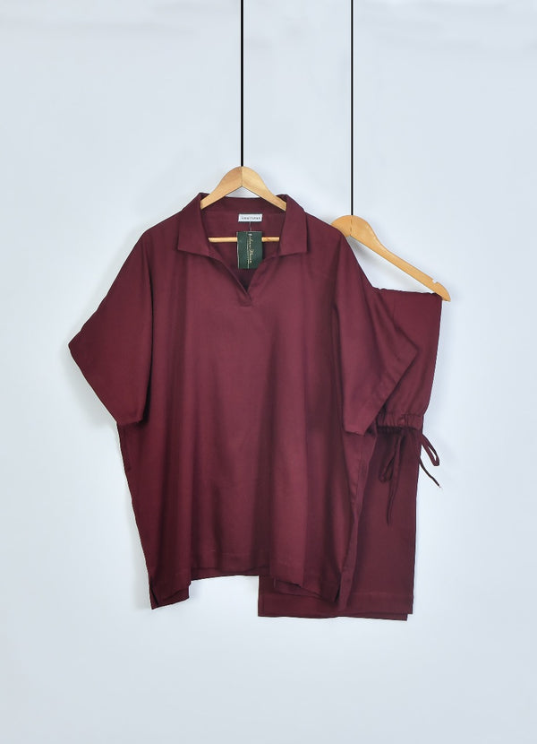 2pc Co-Ord set solid Organic cotton shirt & Trouser Free Size Maroon AKC-003