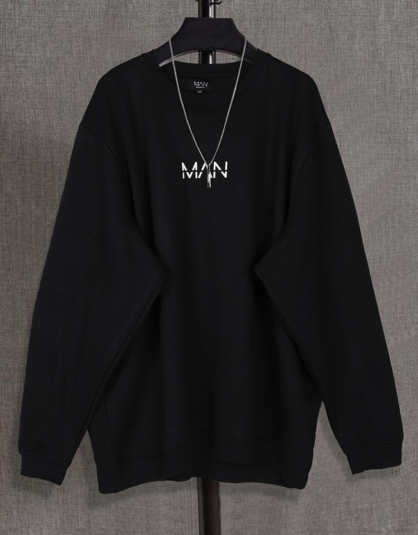 Men's Crew Neck MAN Signature Long Sleeve Sweatshirt-Black