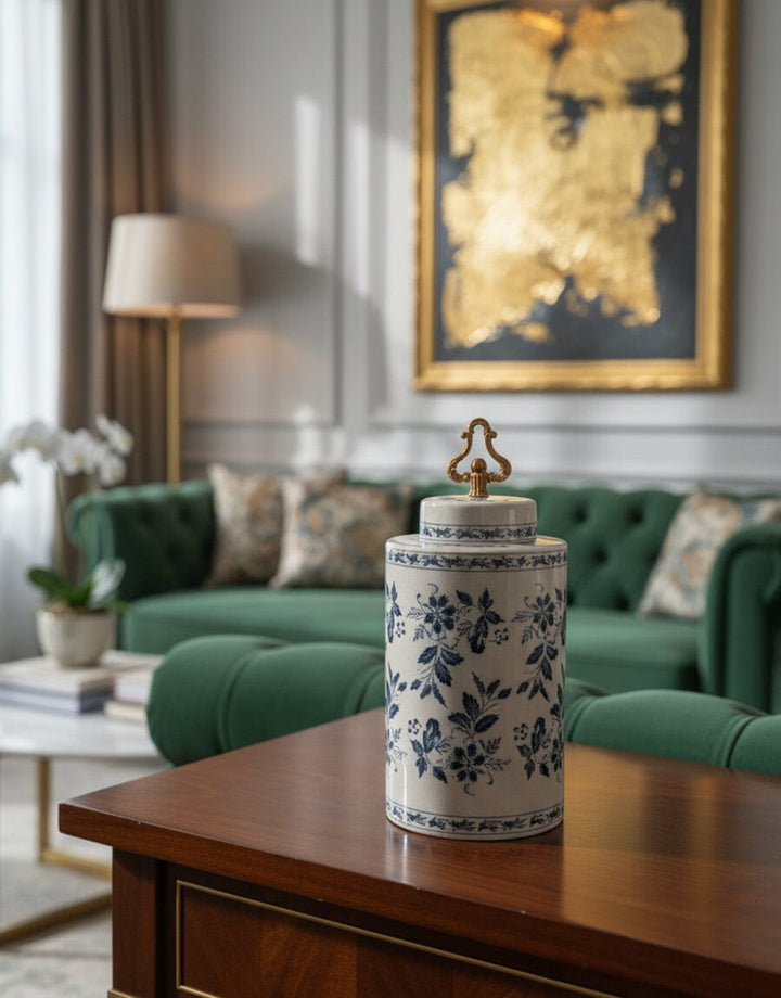 Blue Floral Ceramic Jar with Ornate Lid Decor KHAS STORES 