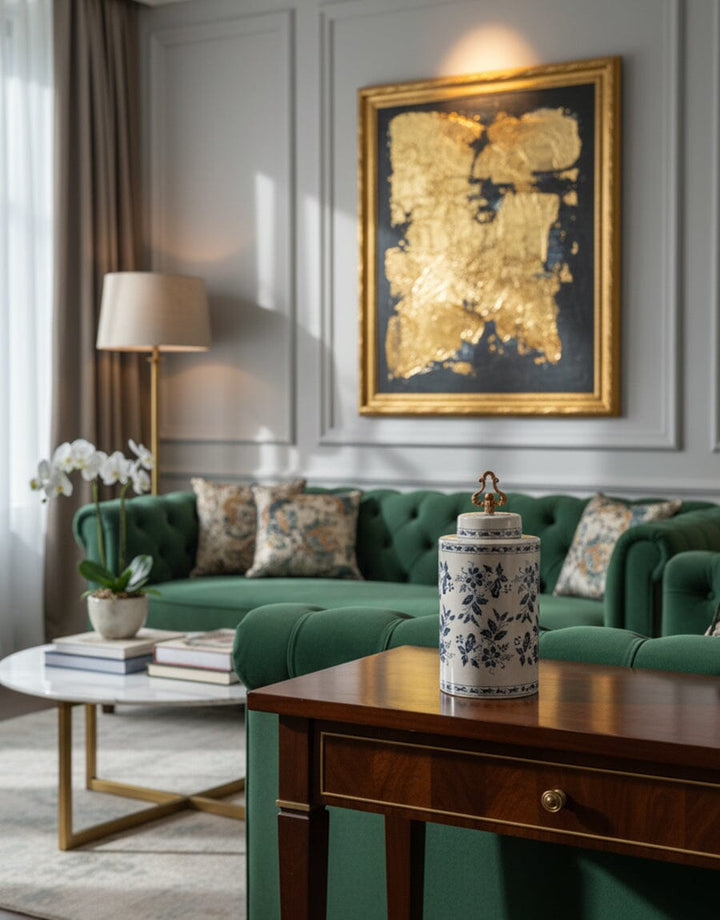 Blue Floral Ceramic Jar with Ornate Lid Decor KHAS STORES 