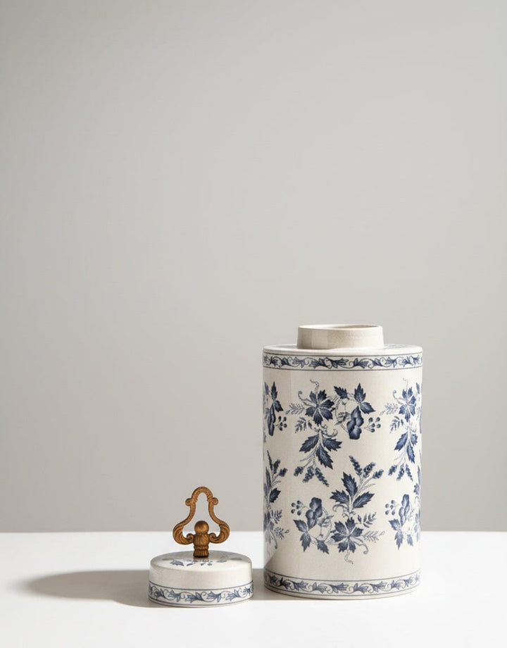 Blue Floral Ceramic Jar with Ornate Lid Decor KHAS STORES 