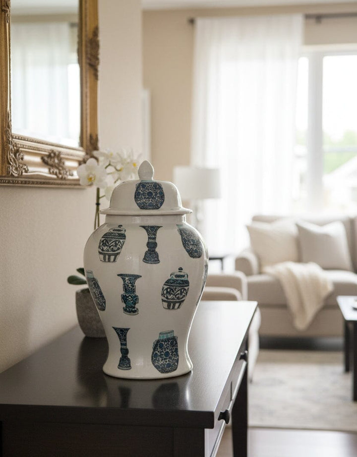 Blue & White Patterned Ceramic Jar Decor KHAS STORES 
