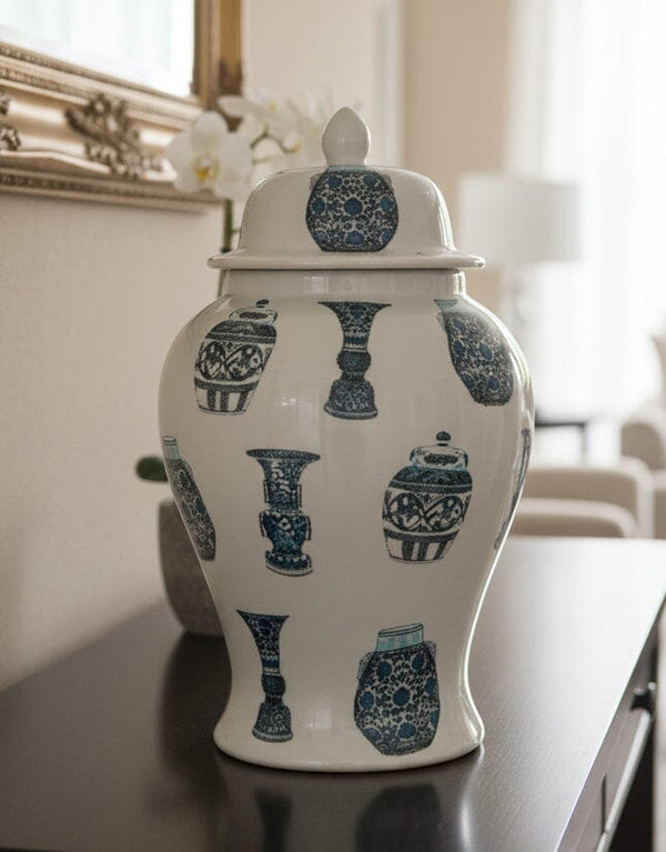 Blue & White Patterned Ceramic Jar Decor KHAS STORES 