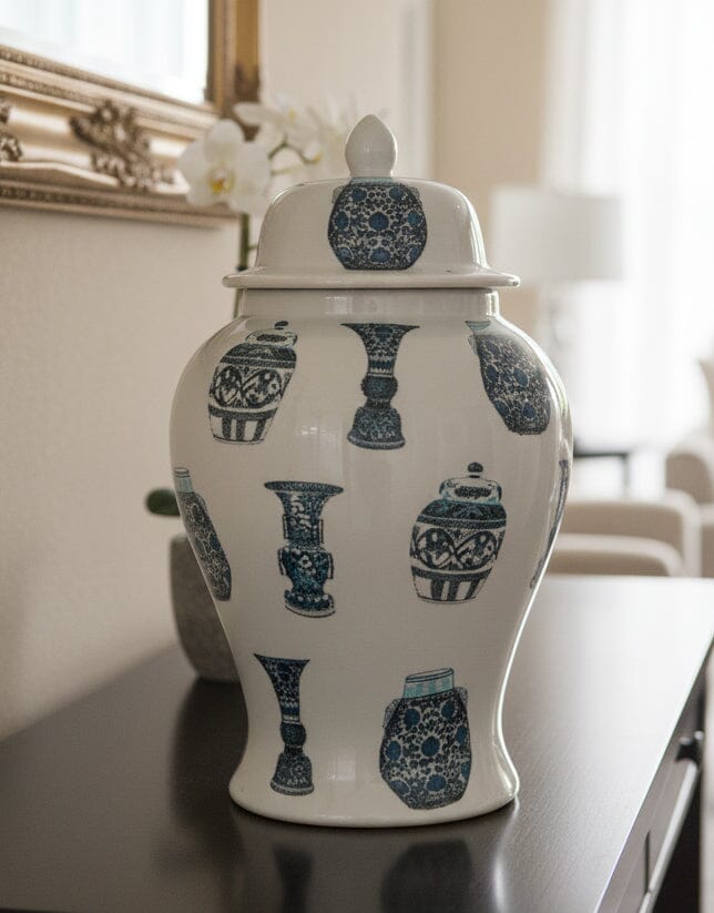 Blue & White Patterned Ceramic Jar Decor KHAS STORES 