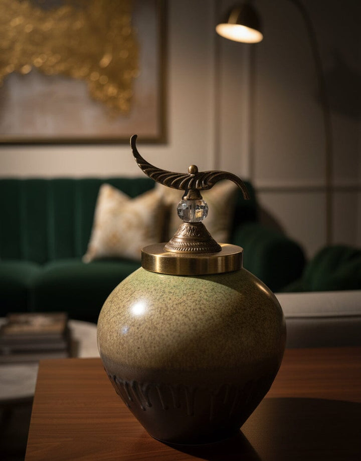 Earth-Toned Ceramic Jar with Ornate Lid Decor KHAS STORES 