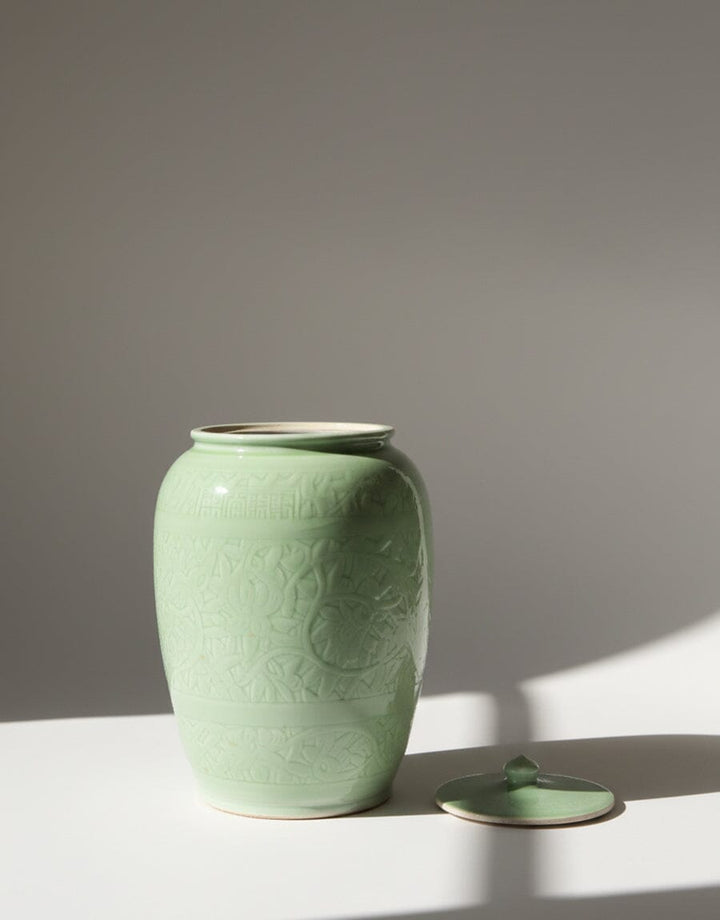 Embossed Green Ceramic Jar Decor KHAS STORES 