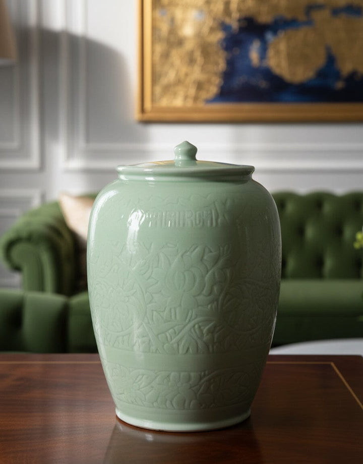 Embossed Green Ceramic Jar Decor KHAS STORES 
