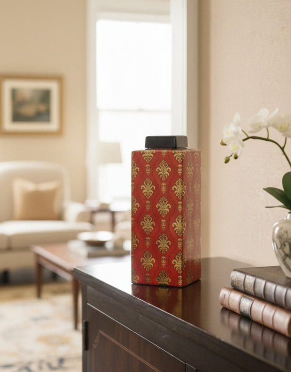 Red & Gold Damask Ceramic Jar Decor KHAS STORES 