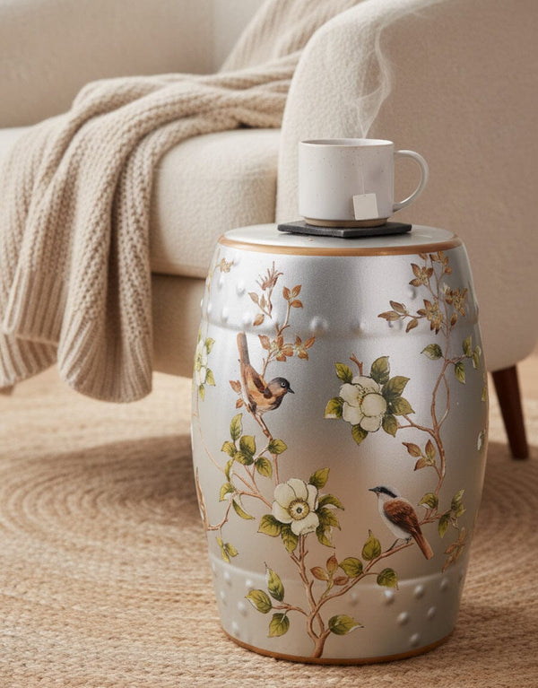 Silver Floral & Bird Ceramic Vase Decor KHAS STORES 