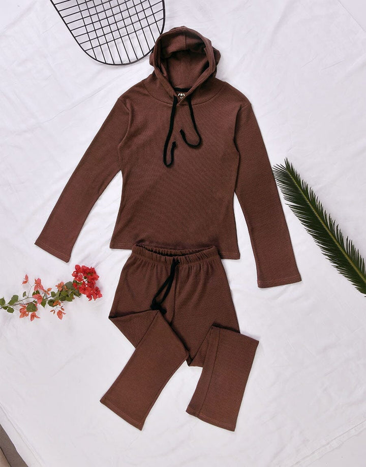 Super Soft Cosy Rib Hoodie & Straight Trousers - Brown Women Loungewear Sadaqat Textile 