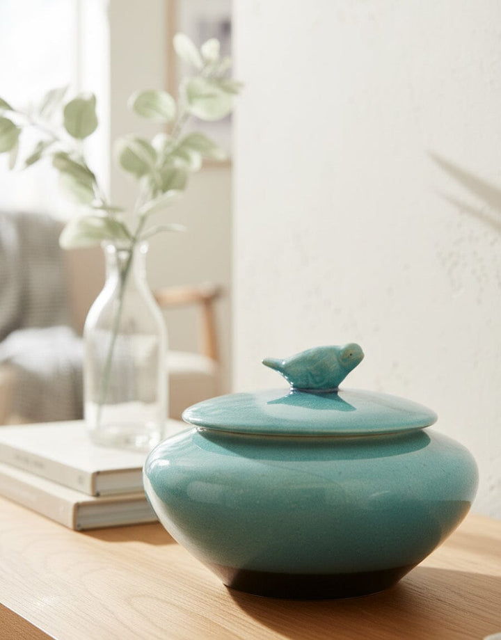 Turquoise Ceramic Jar with Bird Lid Decor KHAS STORES 