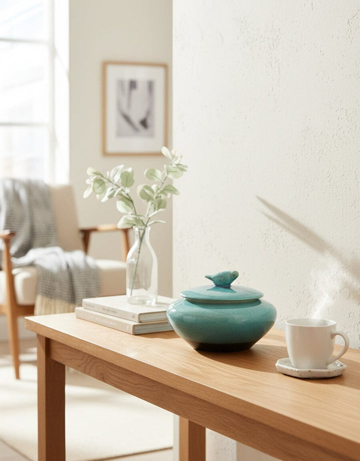 Turquoise Ceramic Jar with Bird Lid Decor KHAS STORES 