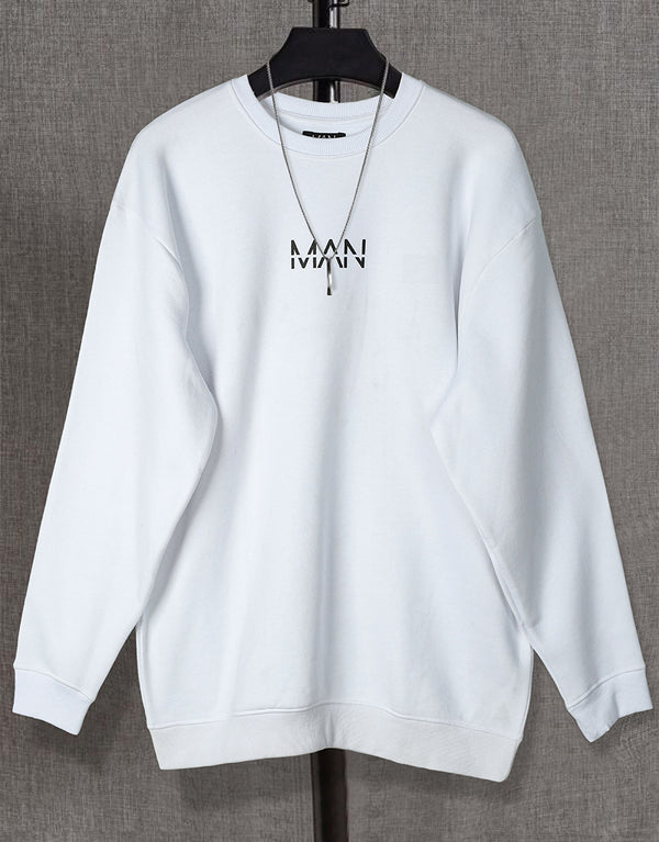 Men's Crew Neck MAN Signature Long Sleeve Sweatshirt-White