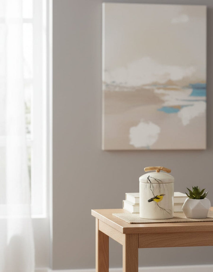 White Ceramic Jar with Bird Motif Decor KHAS STORES 