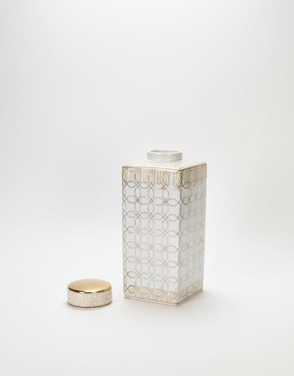 White & Gold Geometric Ceramic Jar Decor KHAS STORES 
