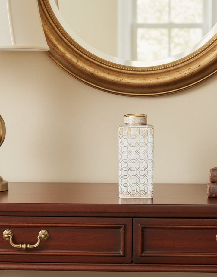 White & Gold Geometric Ceramic Jar Decor KHAS STORES 