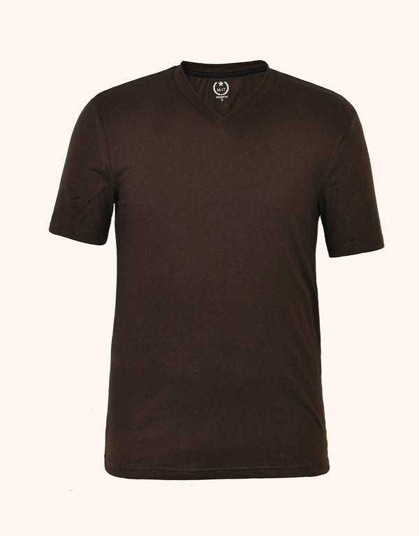 Men Plain V-Neck Short Sleeve Tee Shirt-Chocolate