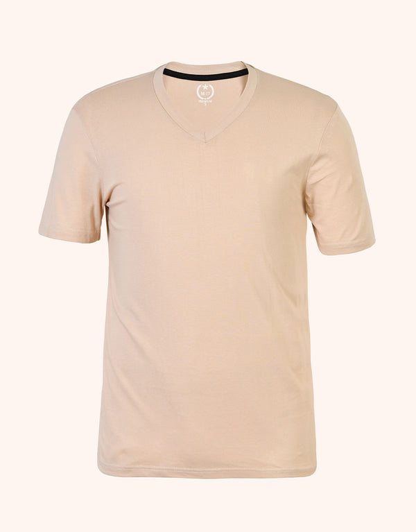 Men Plain V-Neck Short Sleeve Tee Shirt-Skin