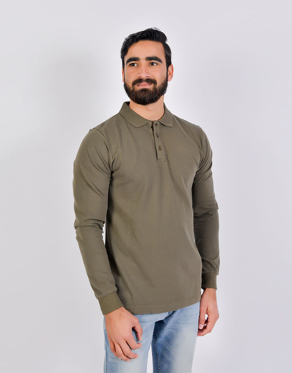 M-17 Men's Solid Long Sleeve Polo Shirt-Khaki