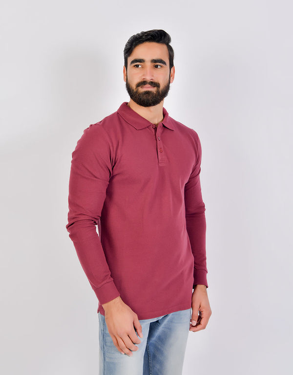 M-17 Men's Solid Long Sleeve Polo Shirt-Burgundy