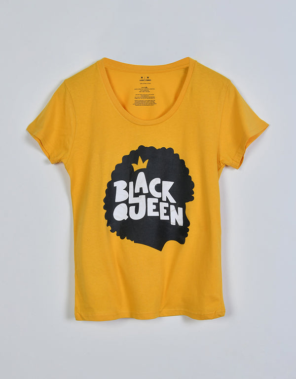 Ladies Black Queen Printed Crew Neck Tee Shirt-Yellow