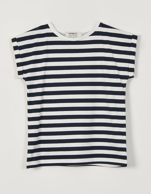 Ladies Crew Neck Roll Sleeve T-Shirt- Blue Stripe