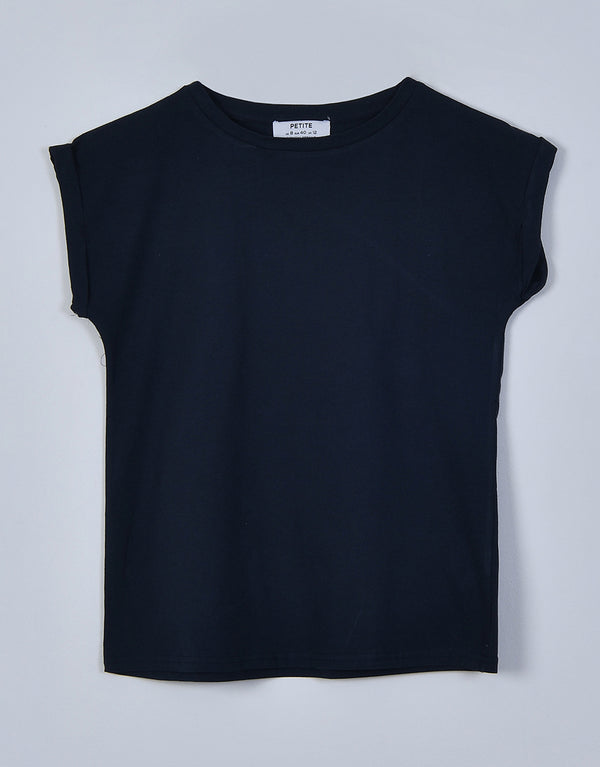 Ladies Crew Neck Roll Sleeve T-Shirt-Navy