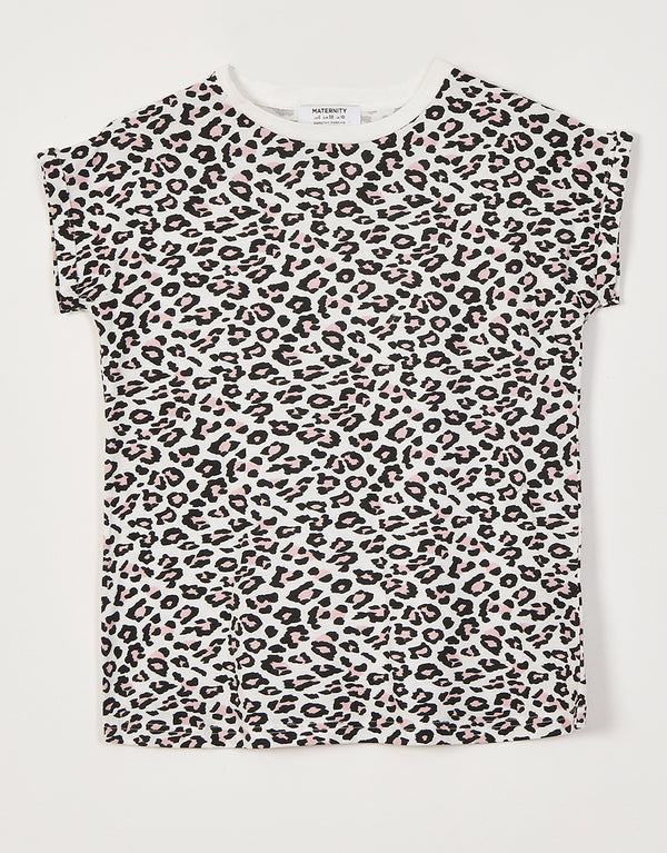 Ladies Crew Neck Roll Sleeve T-Shirt- White Leopard