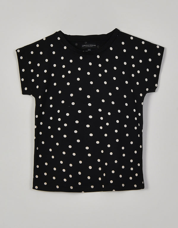 Ladies Crew Neck Roll Sleeve Dotted Printed T-Shirt-Black Printed
