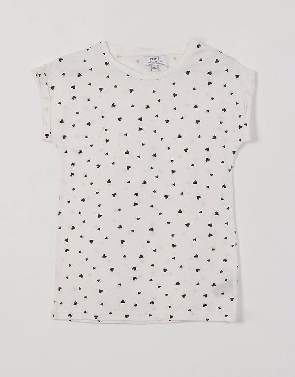 Ladies Crew Neck Roll Sleeve Heart Printed T-Shirt- White