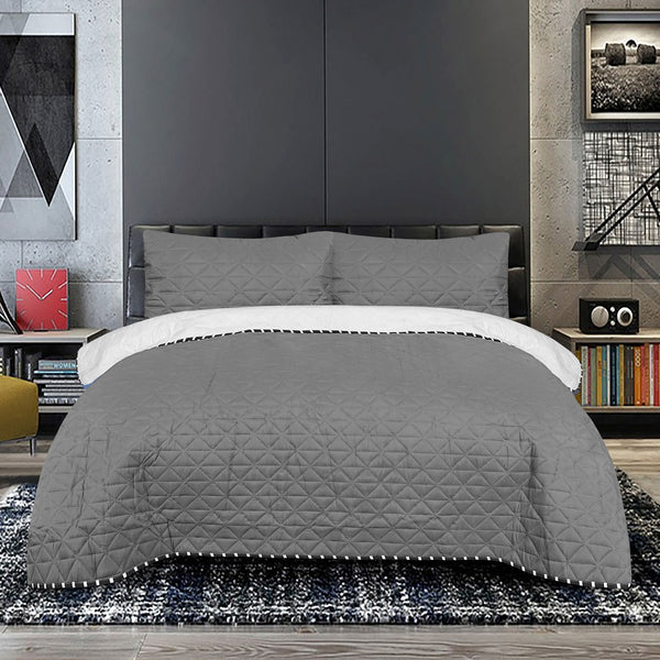 3 Pc Bed Spread Plain Dyed-Dark Grey