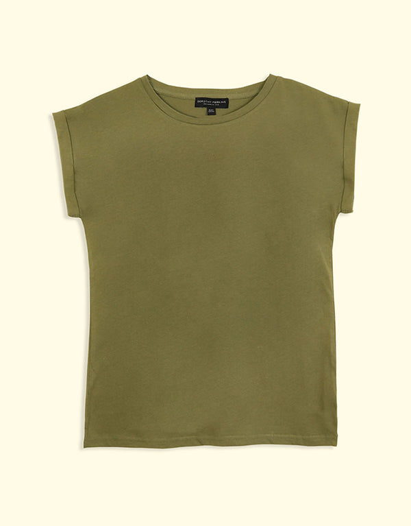Ladies Crew Neck Roll Sleeve T-Shirt-Olive