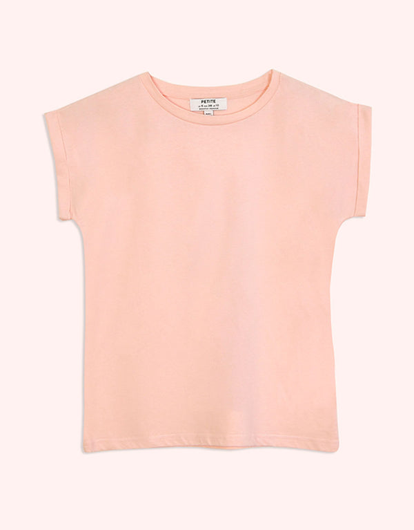 Ladies Crew Neck Roll Sleeve Heart Printed T-Shirt-Baby Pink